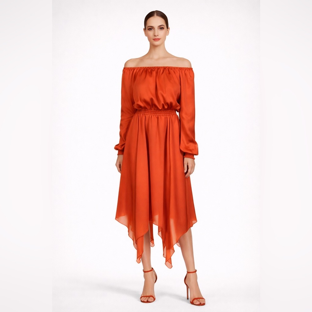 Michael Kors Vibrant Orange Asymmetrical Sundress with Long Bishop‎ Sleeves​